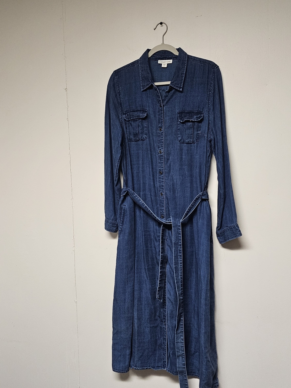 Denim Shirt Dress Button Down Long Petite Size Large Layering Tie-Waist